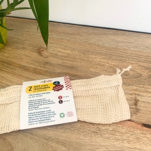 Lot de 2 sacs à vrac réutilisables en coton bio – Taille S et L
