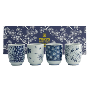 Coffret de 4 tasses à thé bleues fleuries