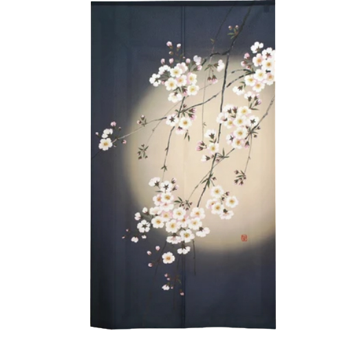 Noren branche de Sakura blanc devant le clair de lune